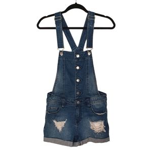 TINSELTOWN Dark Medium Blue Distressed Short Denim Overalls Shortalls X-Small